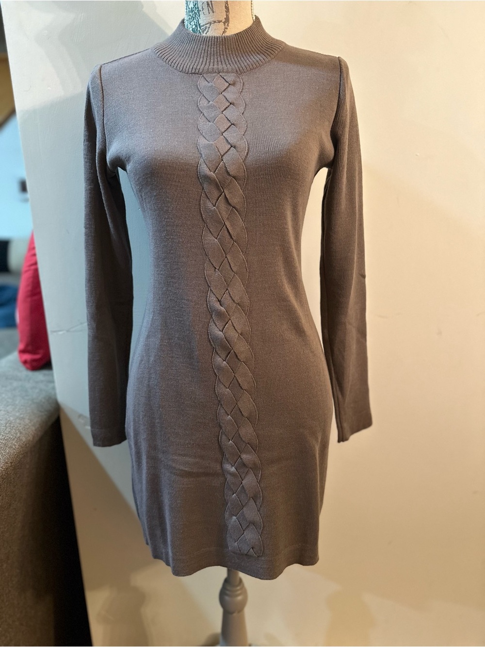 Long-Sleeve Taupe Knit Dress with Braided Front - Picture 2 of 12